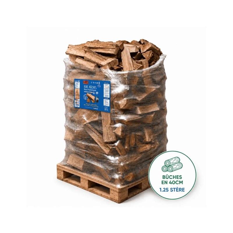 NF H1 G1, humidité ≤ 20 % – Bûches Woodstock 40 cm, palette 1,25 stère (0,92 m³)