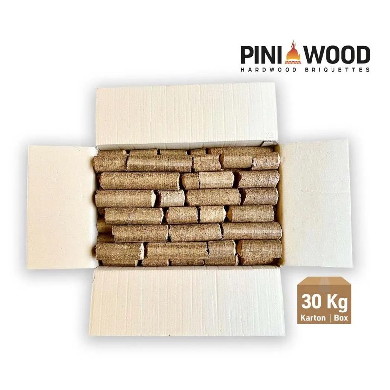 5,5 kWh/kg – Briquettes de chêne PINI Ø 55 mm, carton de 30 kg