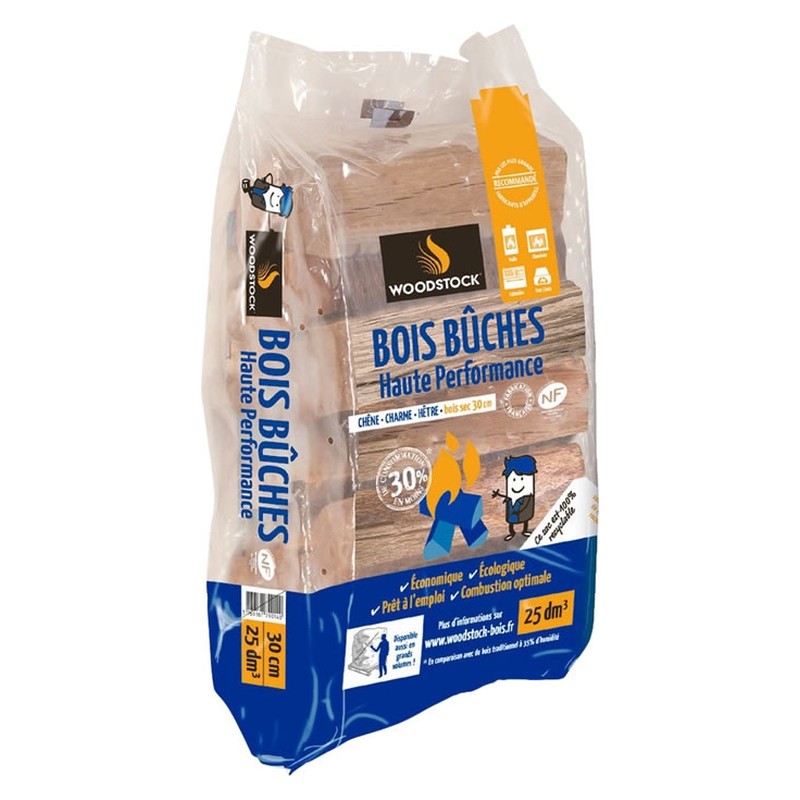 Humidité < 20 % – Bûches de feuillus durs Woodstock 30 cm, sac de 25 dm³, 12,33 kg