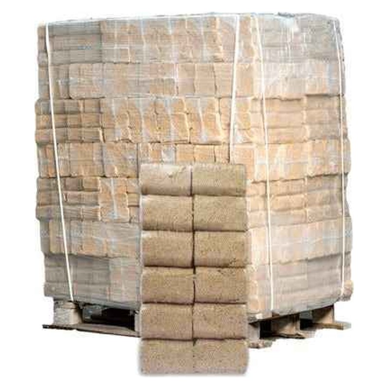 FSC, humidité < 5 %, 5,2 kWh/kg – Briquettes de bois, palette de 960 kg (96 paquets de 10 kg)