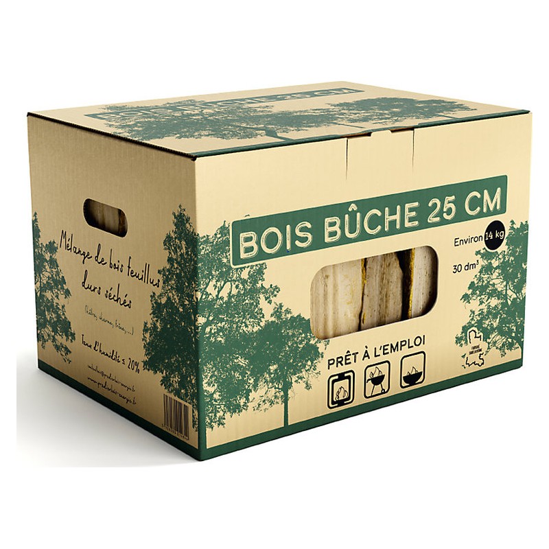Sec étuvé – Bûches de bois dur 25 cm, carton de 30 L, 14 kg
