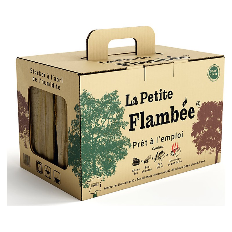 Sec étuvé – Bûches de bois dur, éclats d'allumage et allume-feu, carton de 25 L, 12,5 kg
