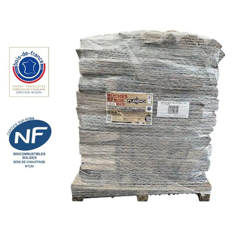 NF – Bûches de bois Flamino 30 cm, palette sachet de 1300 L (1,3 m³)